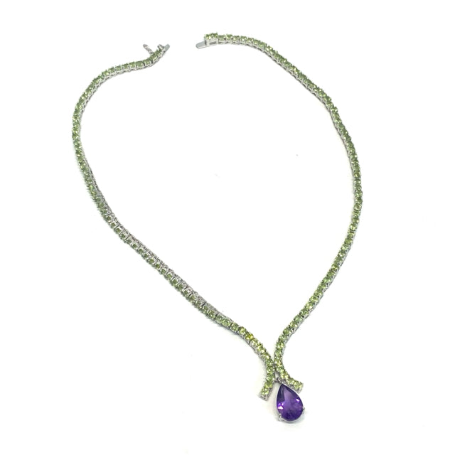 Pearl cut Peridot and Amethyst tennis necklace 925 Sterling Silver Necklace
