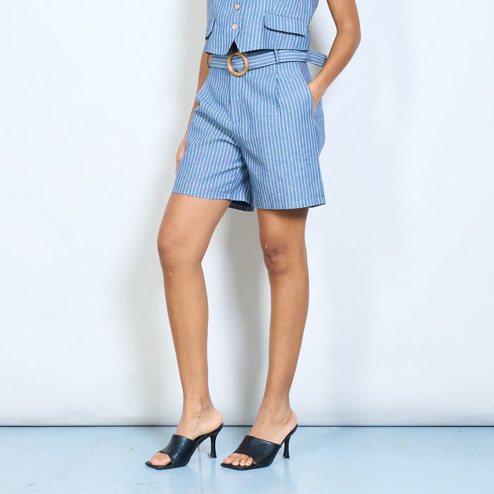 Pinstripe high waist tailored shorts with ring belt wholesale