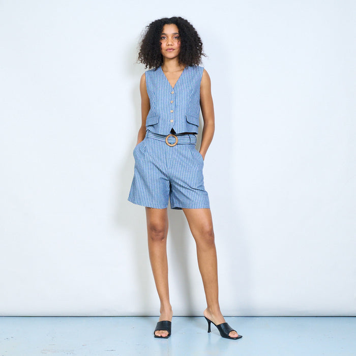 Pinstripe high waist tailored shorts with ring belt wholesale