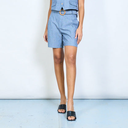 Pinstripe high waist tailored shorts with ring belt wholesale
