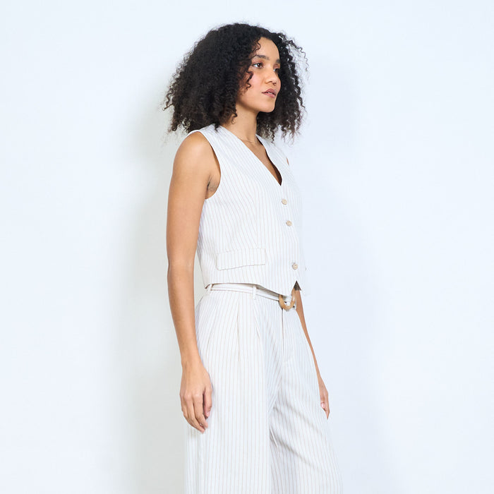 Pinstripe tailored v-neck button front vest wholesale