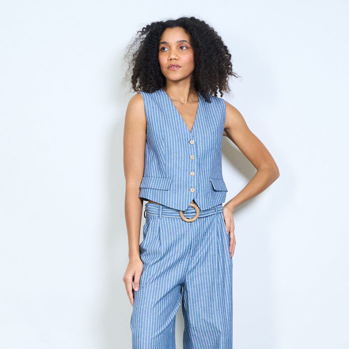 Pinstripe tailored v-neck button front vest wholesale