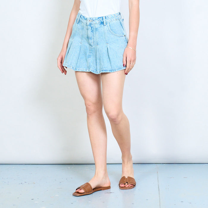 Pleated high waist flared denim mini skirt wholesale