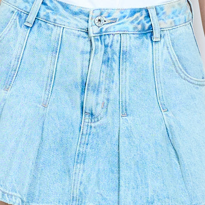 Pleated high waist flared denim mini skirt wholesale