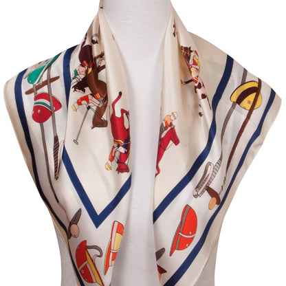 Polo Match Equestrian Silk Scarf - Cream - 28"x28"