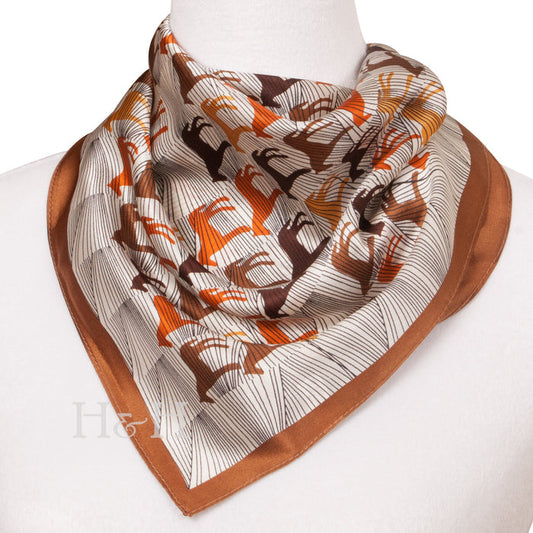 Pony Parade Neck Silk Scarf – Taupe & Chestnut