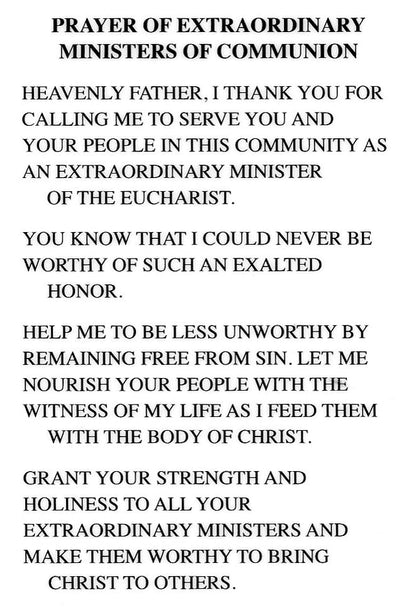 Prayer for Extraordinary Ministers of Communion N - LAMINATED HOLY CARDS- QUANTITY 25 PRAYER CARDS