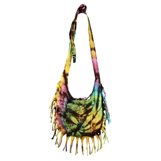 A multicolored tie-dye fringe crossbody bag with an adjustable strap and fringe detailing.