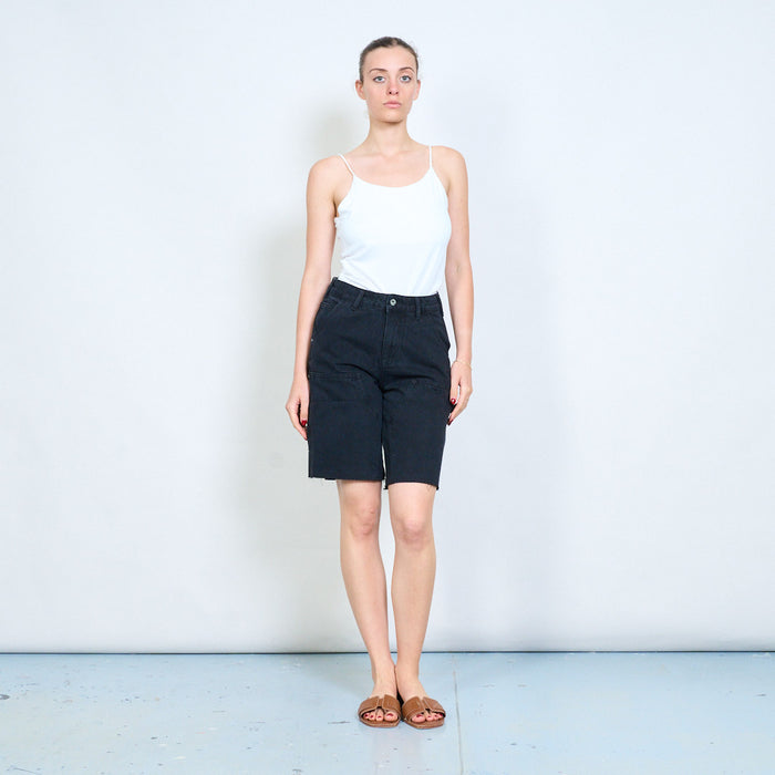 Raw hem panel seam high waist denim bermuda shorts wholesale