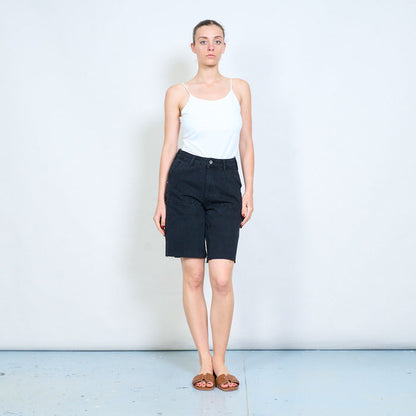 Raw hem panel seam high waist denim bermuda shorts wholesale