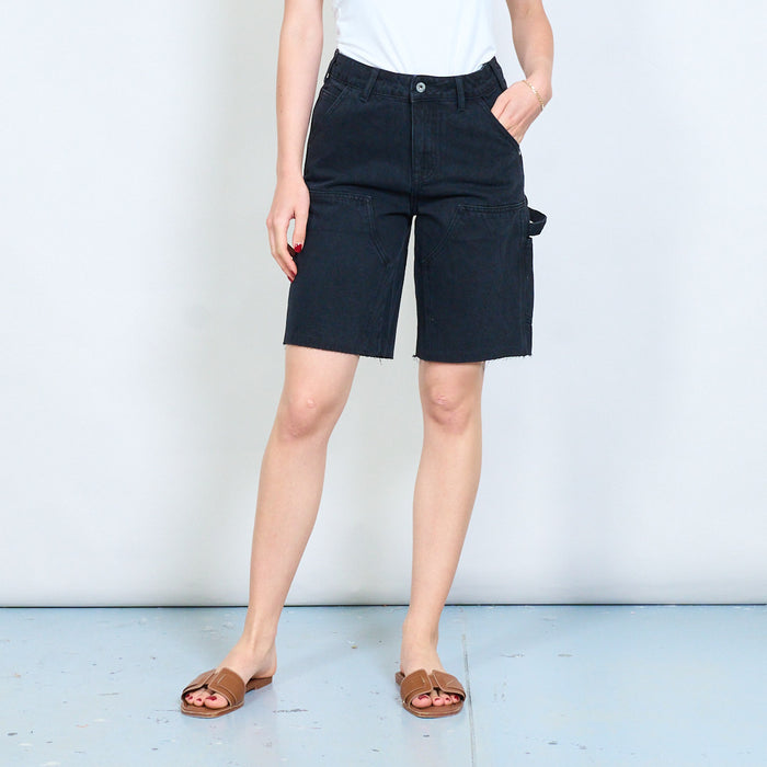 Raw hem panel seam high waist denim bermuda shorts wholesale