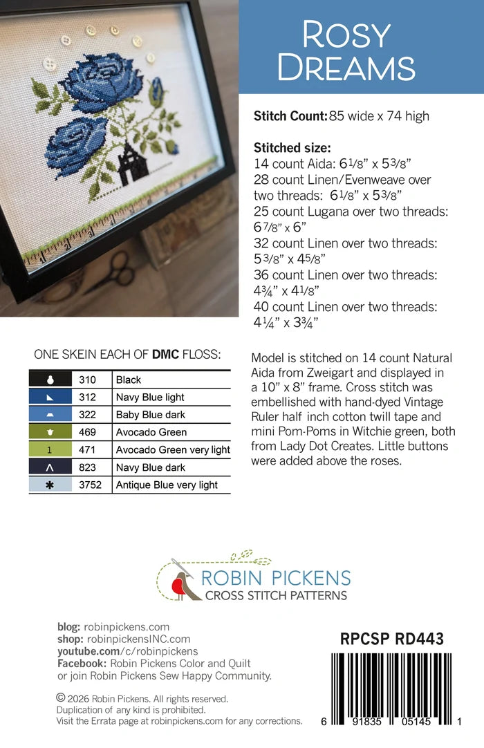 Robin Pickens ROSY DREAMS Cross Stitch Pattern