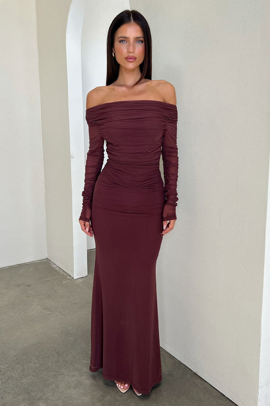 Rowan Long Sleeve Mesh Maxi Dress -  Brown