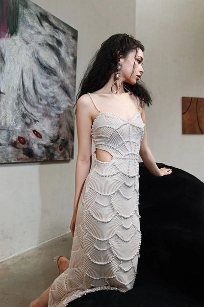 Sequin Beaded Cutout Waist Spaghetti Strap Evening Dress