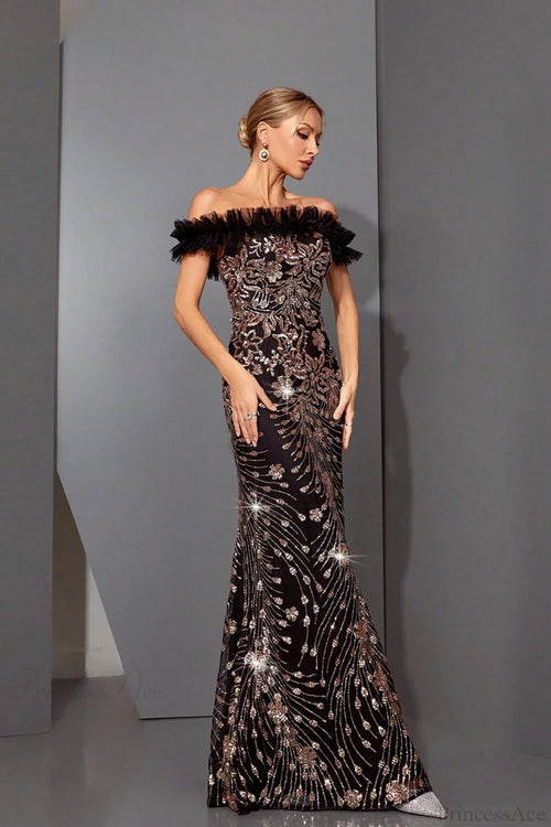 Sequin Off-the-Shoulder Fitted Mermaid Evening Dress