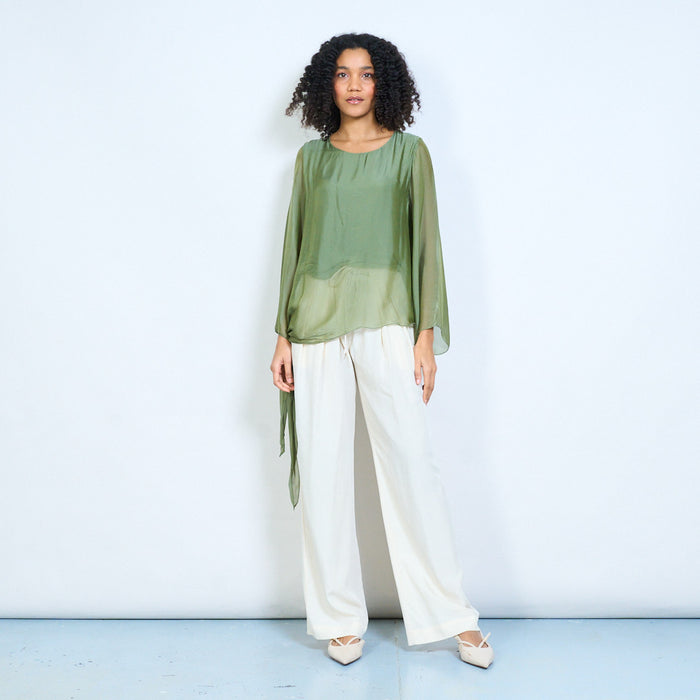 Sheer chiffon long sleeve tie hem blouse wholesale