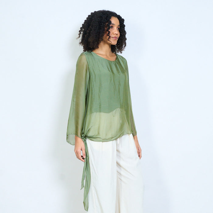 Sheer chiffon long sleeve tie hem blouse wholesale