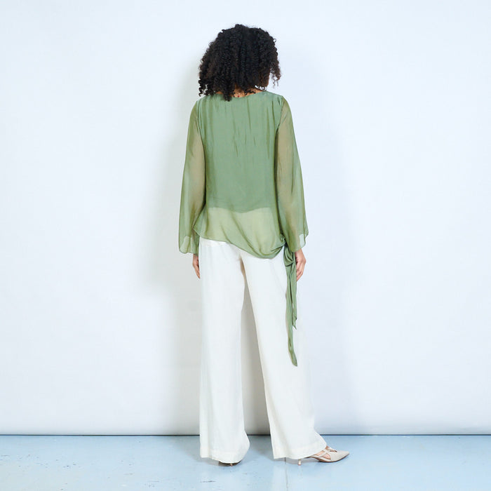 Sheer chiffon long sleeve tie hem blouse wholesale