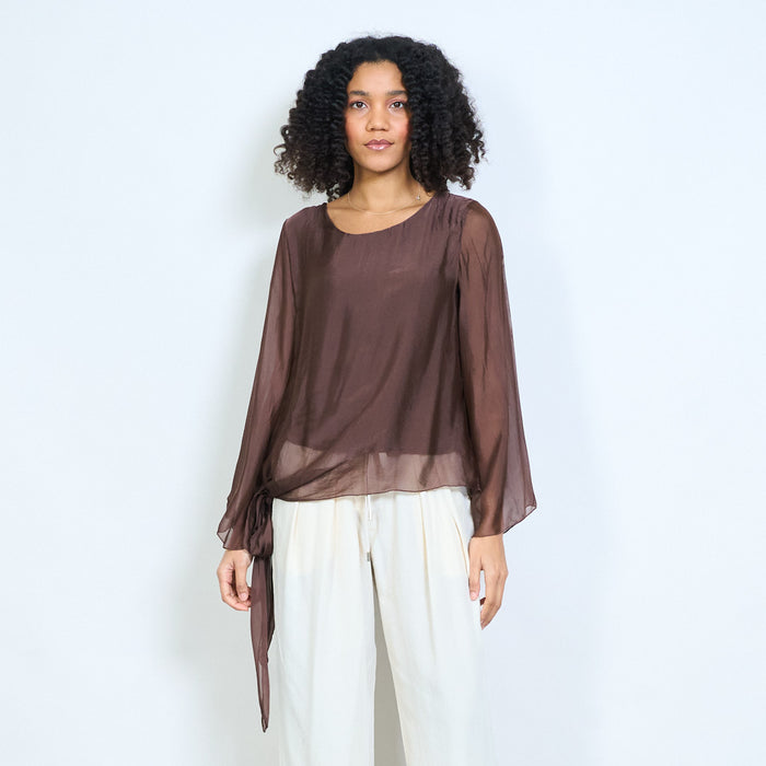 Sheer chiffon long sleeve tie hem blouse wholesale