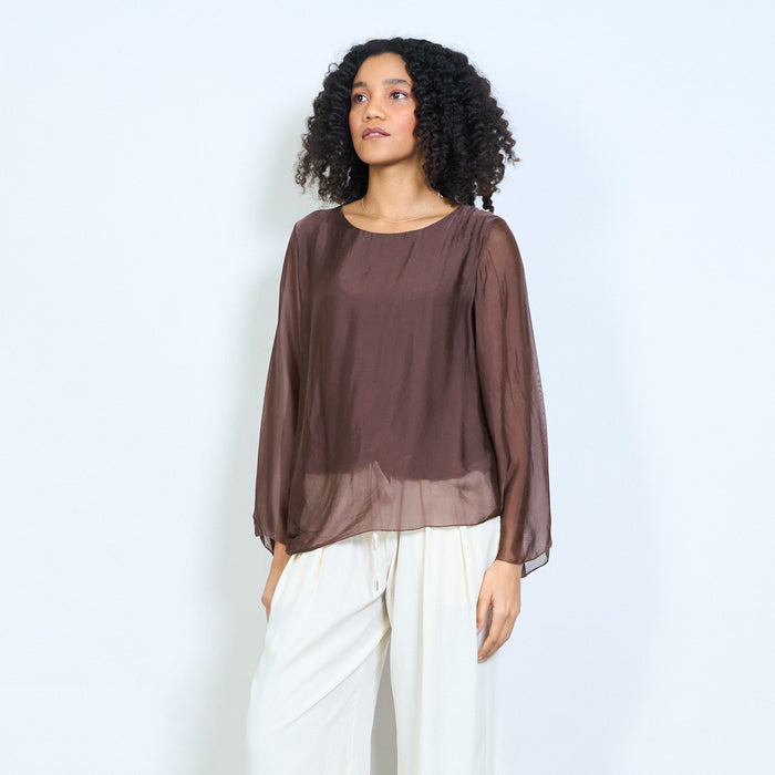 Sheer chiffon long sleeve tie hem blouse wholesale