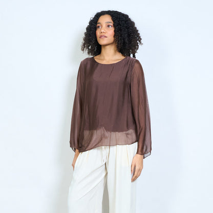 Sheer chiffon long sleeve tie hem blouse wholesale