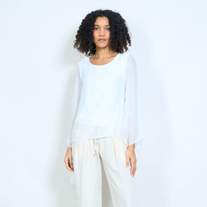Sheer chiffon long sleeve tie hem blouse wholesale