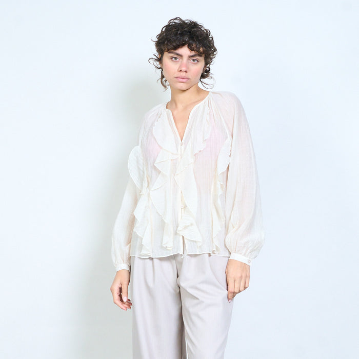 Sheer ruffled button-front long sleeve blouse wholesale