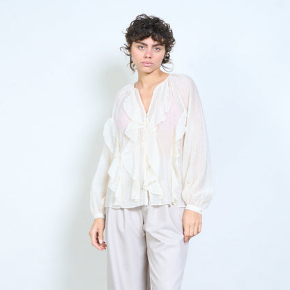 Sheer ruffled button-front long sleeve blouse wholesale