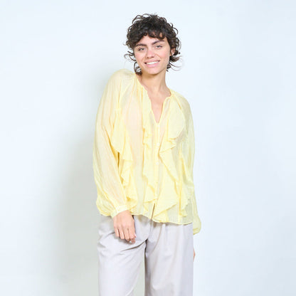 Sheer ruffled button-front long sleeve blouse wholesale