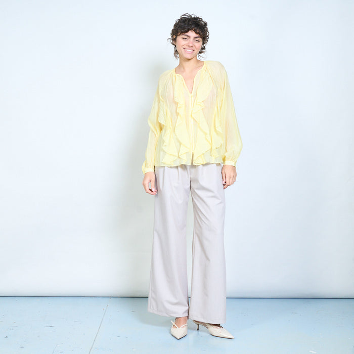 Sheer ruffled button-front long sleeve blouse wholesale