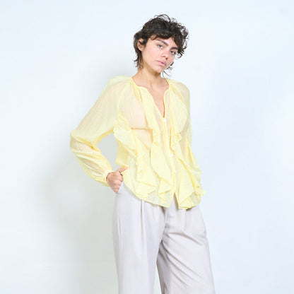 Sheer ruffled button-front long sleeve blouse wholesale