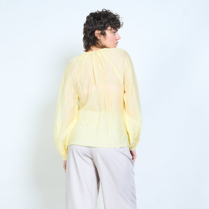 Sheer ruffled button-front long sleeve blouse wholesale
