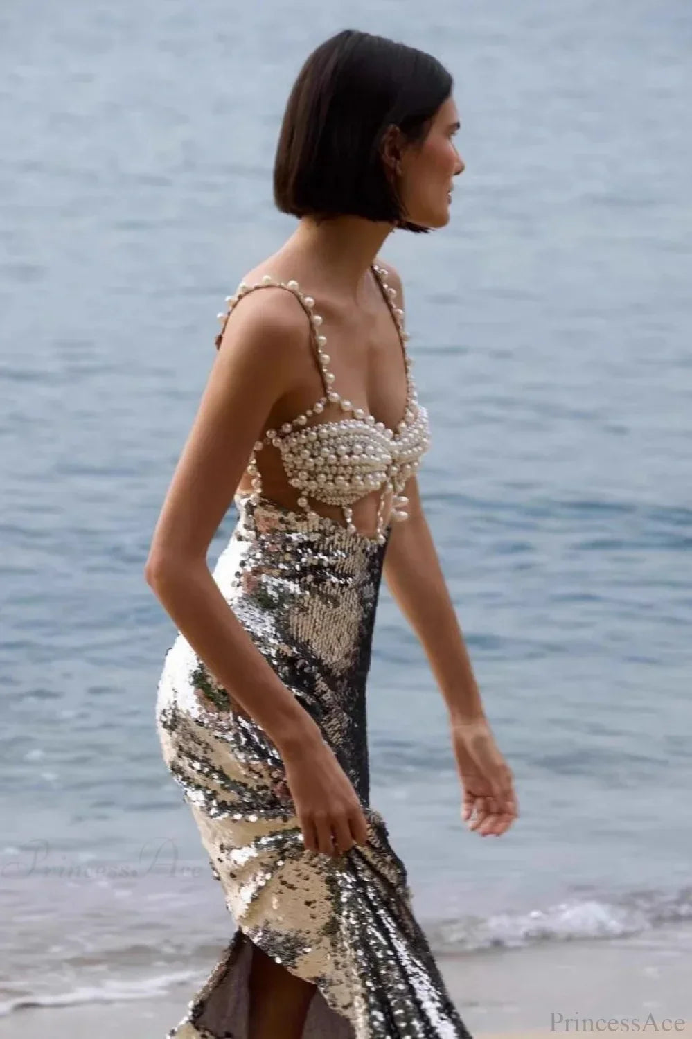 Silver Sequin Sexy Halter Backless Evening Dress