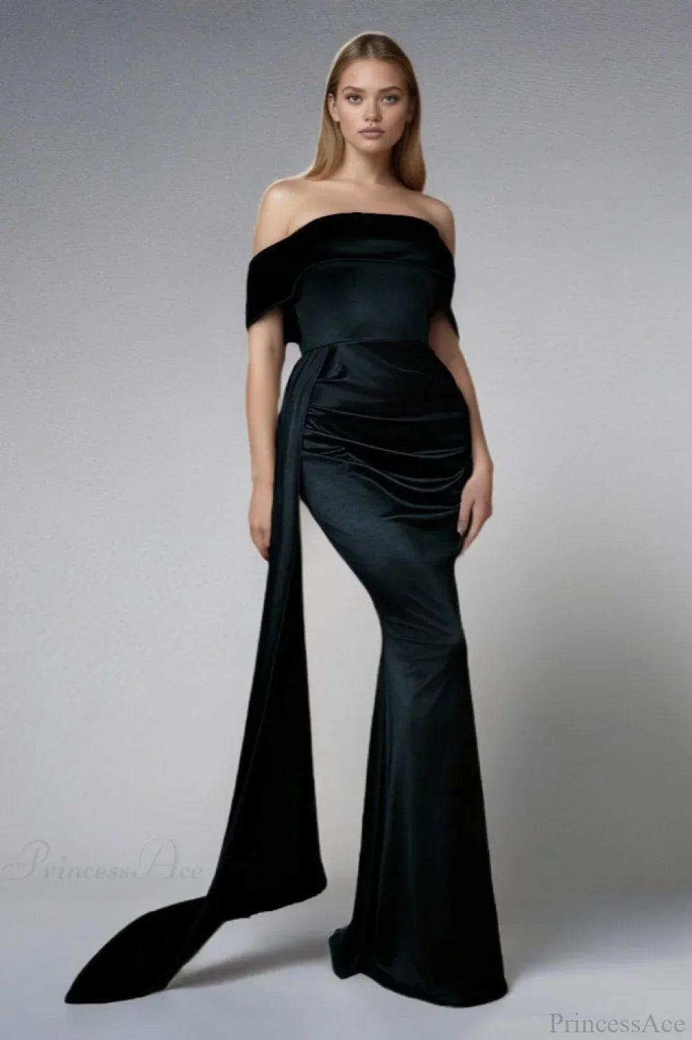 Solid Satin Off-the-Shoulder High Waist Mermaid Evening Dress