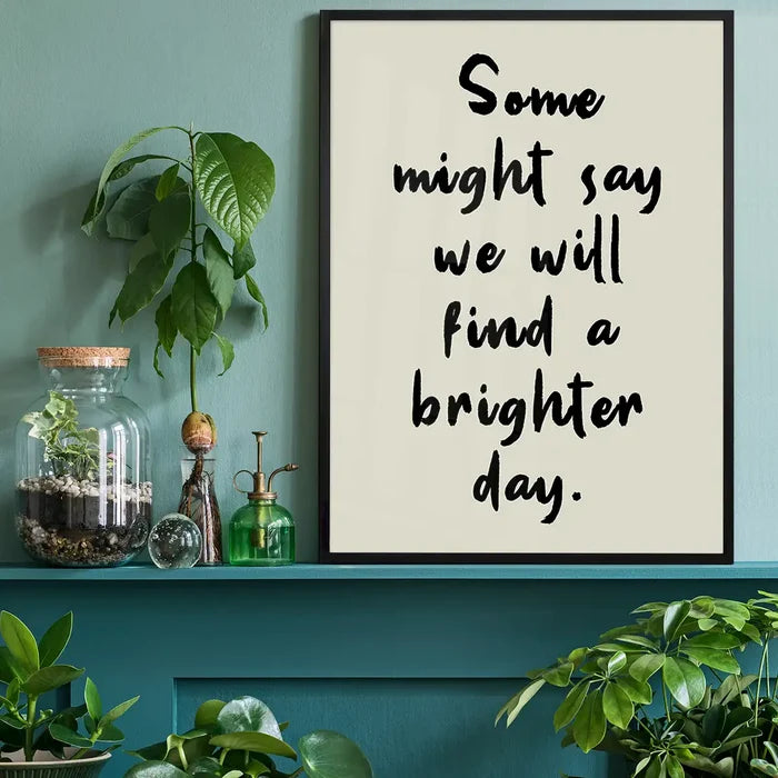 Some Might Say 2025 Oasis Lyrics Print, music art print black framed on a living room shelf