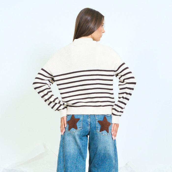 Striped button neck knit sweater wholesale