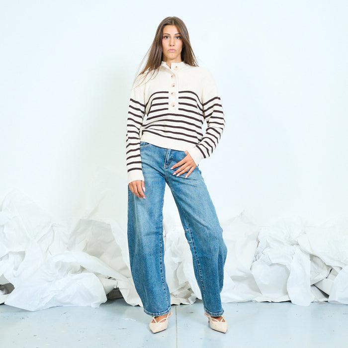 Striped button neck knit sweater wholesale