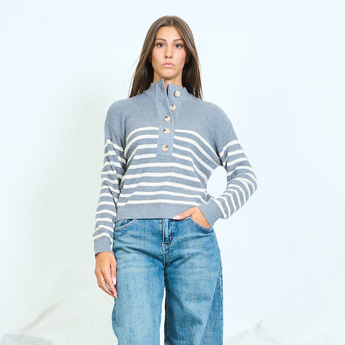 Striped button neck knit sweater wholesale