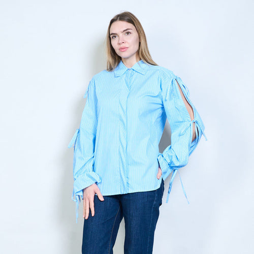 Striped collared flowy drawstring sleeve blouse wholesale
