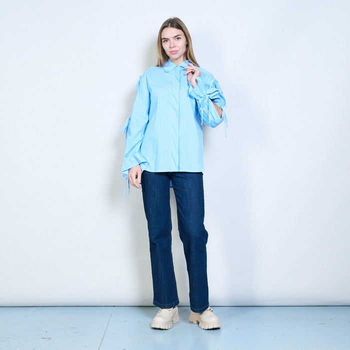 Striped collared flowy drawstring sleeve blouse wholesale