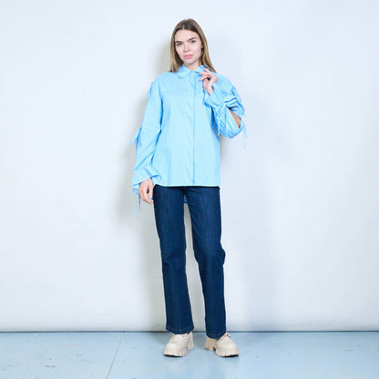 Striped collared flowy drawstring sleeve blouse wholesale