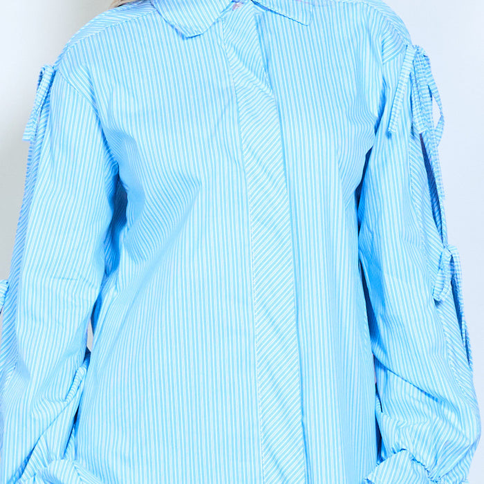 Striped collared flowy drawstring sleeve blouse wholesale