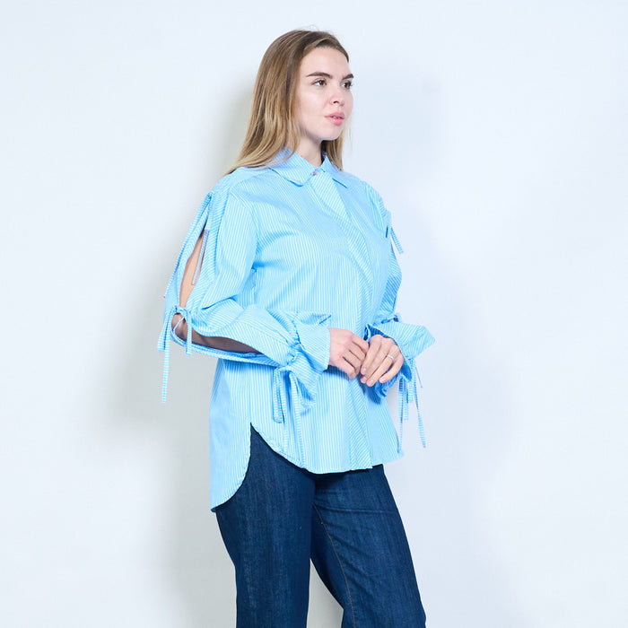 Striped collared flowy drawstring sleeve blouse wholesale
