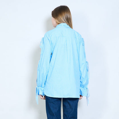 Striped collared flowy drawstring sleeve blouse wholesale