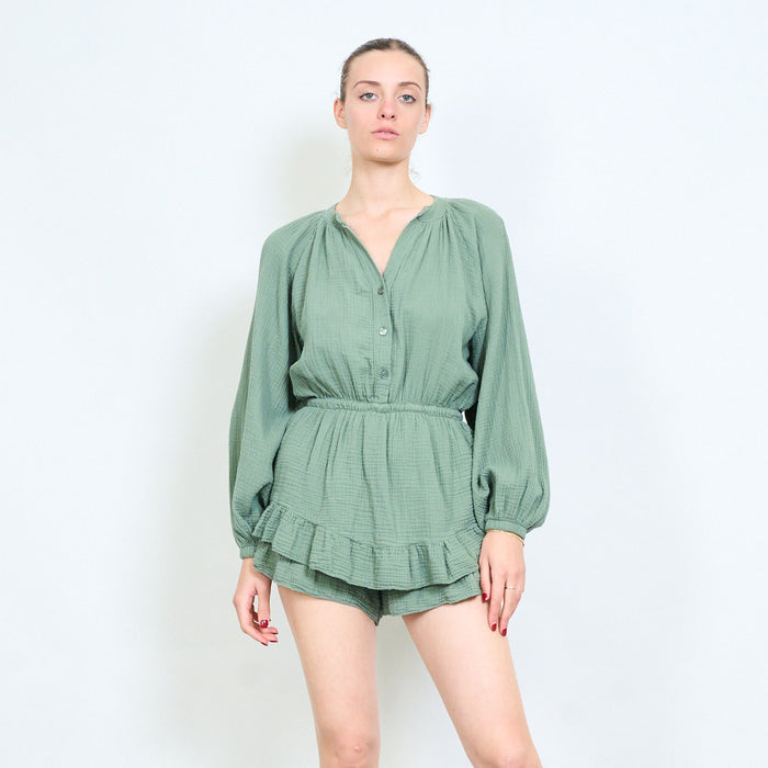 Textured button front elastic waist ruffle hem playsuit wholesale