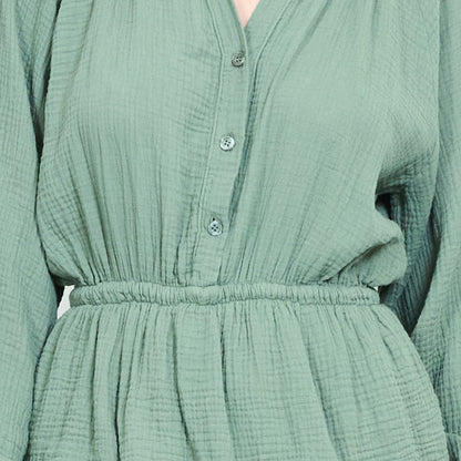 Textured button front elastic waist ruffle hem playsuit wholesale
