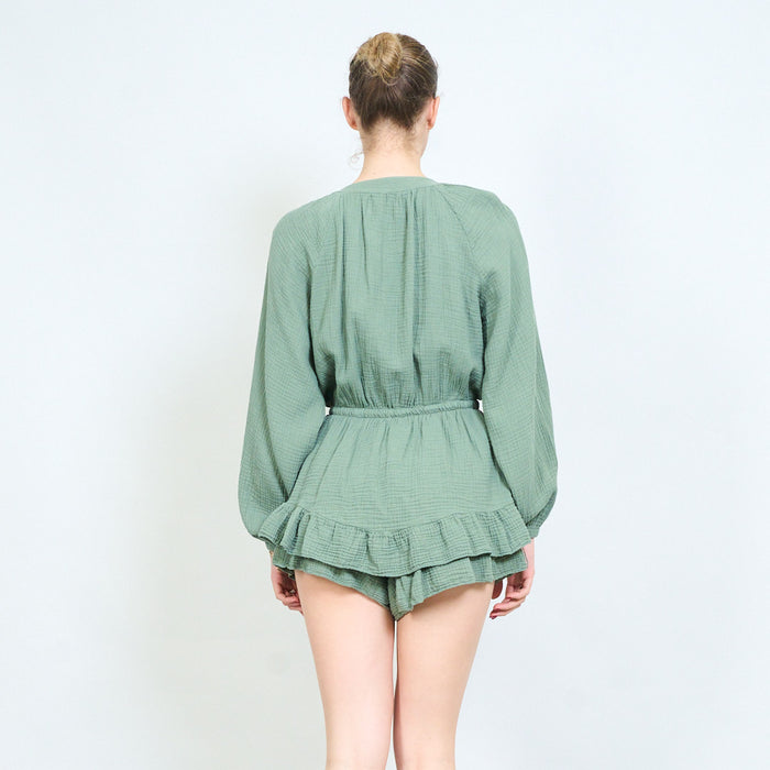 Textured button front elastic waist ruffle hem playsuit wholesale