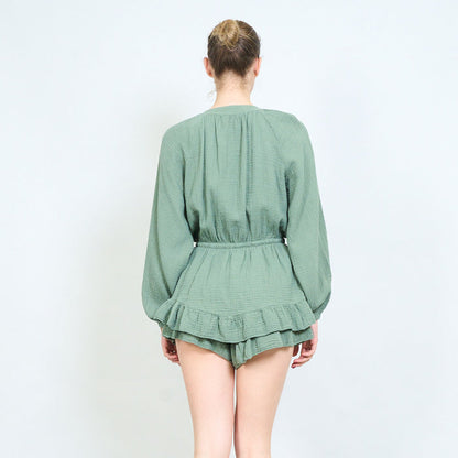 Textured button front elastic waist ruffle hem playsuit wholesale