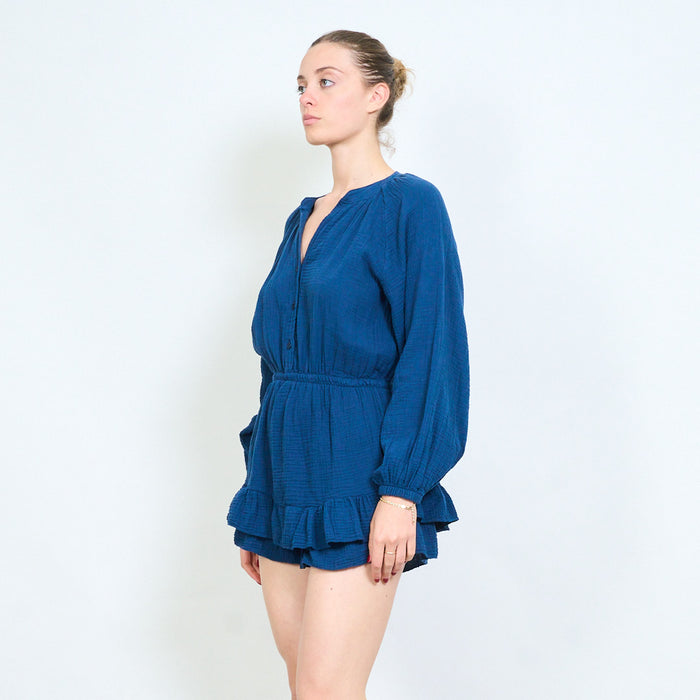Textured button front elastic waist ruffle hem playsuit wholesale