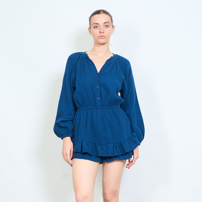 Textured button front elastic waist ruffle hem playsuit wholesale